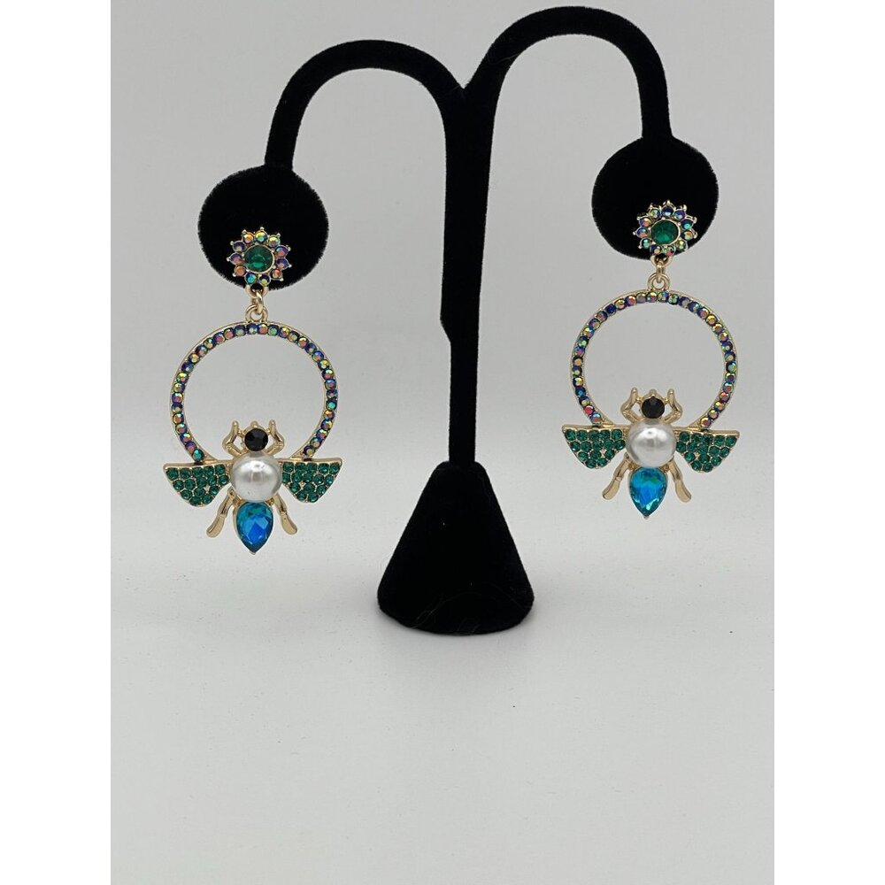 Pierced Earrings Butterfly Insect Blue Green Aurora Borealis Rhinestones Post St